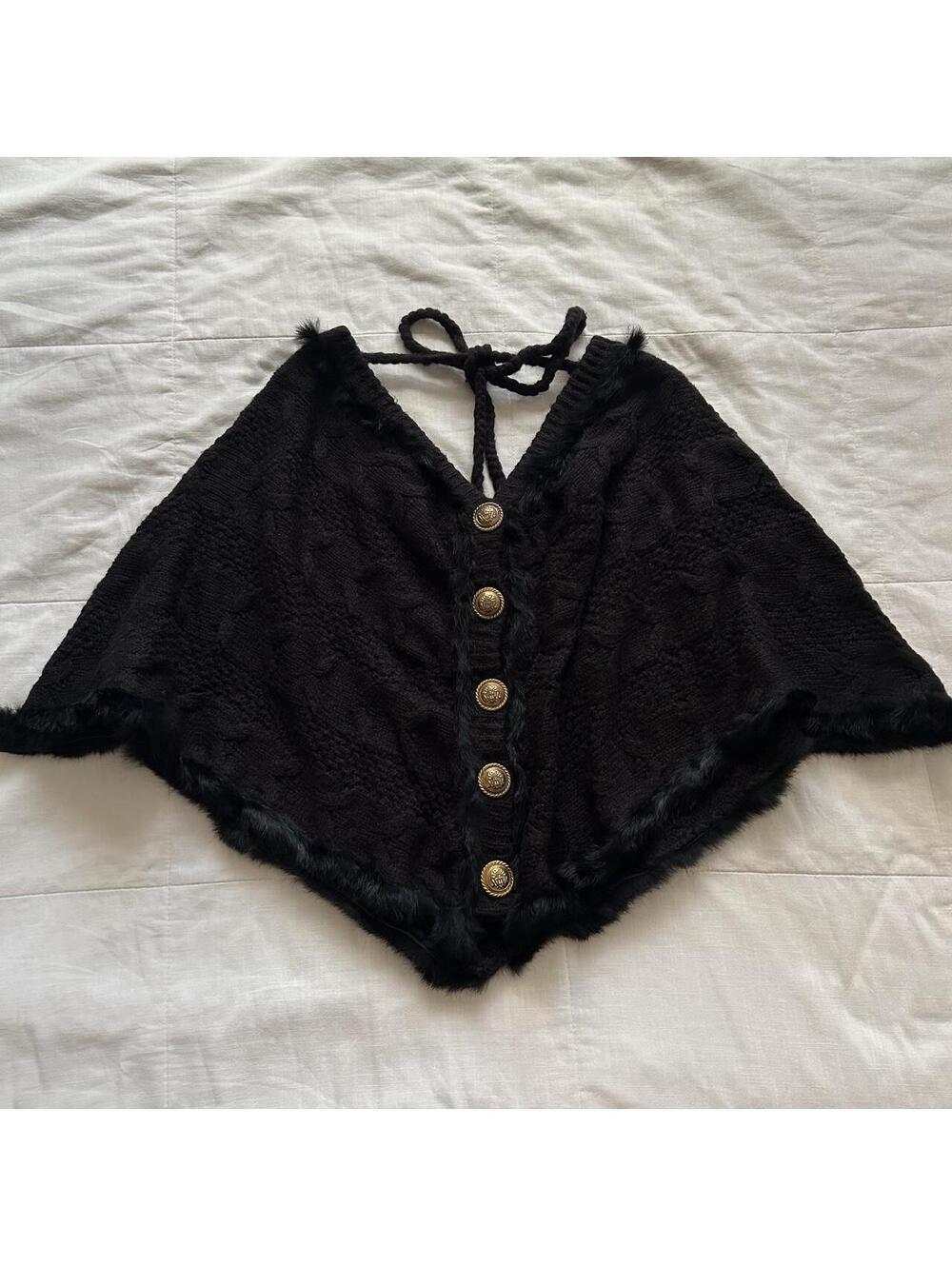 d.i.a. Black Cable Knit Poncho Cardigan Rabbit Fur Trim Gold Buttons Japan